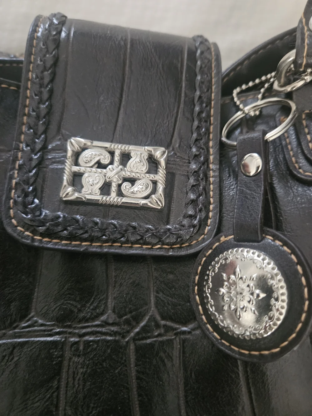 Black Croc-Embossed Leather Top-Handle Bag